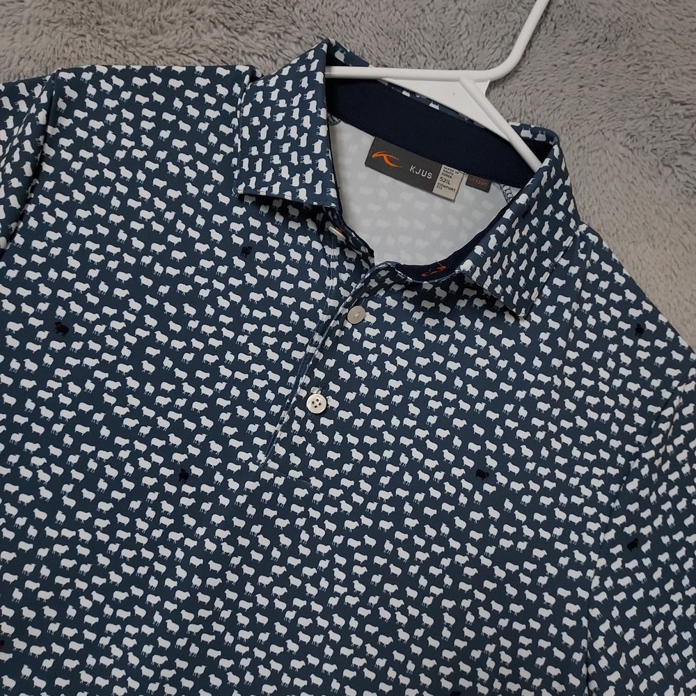 Kjus Polo Shirt Mens Large Blue Sheep Print Golf Comfort Fit Geometric UPF EUC